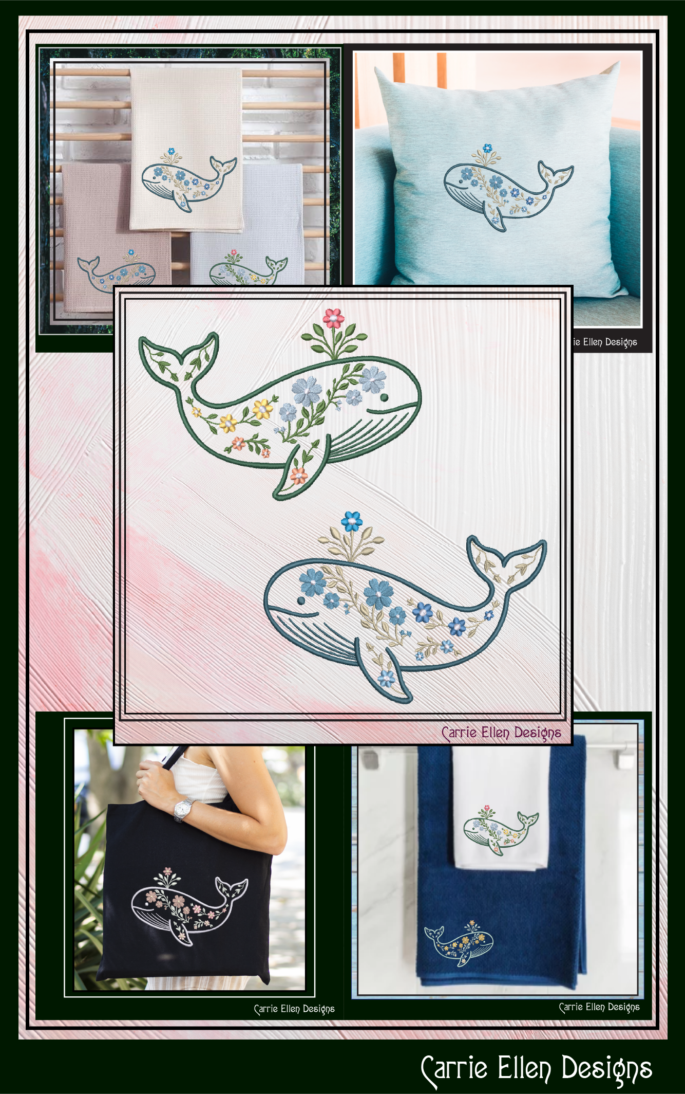 Floral Whale Machine Embroidery Design | Ocean Whale with Flowers | Coastal Nautical Stitch File, 6 Sizes, (4141)