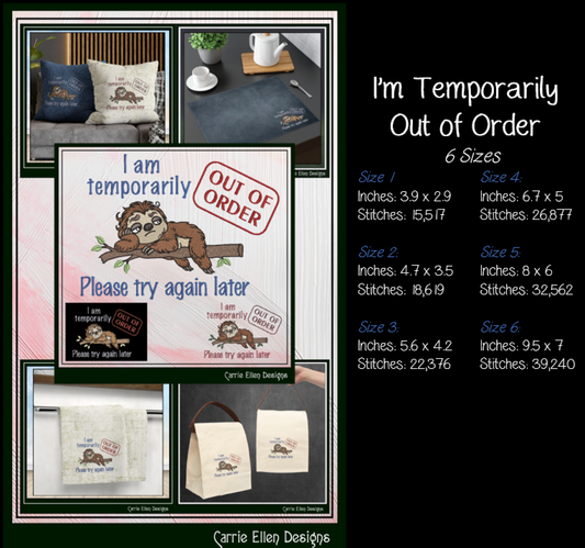 Temporarily Out of Order Try Again Later Machine Embroidery Design | Funny Sloth Sarcastic Stitch Pattern, 6 Sizes (4165)