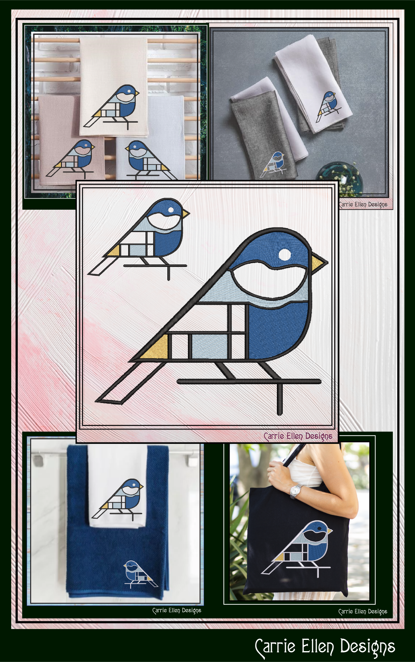 Geometric Blue Bird Machine Embroidery Design | Mondrian Inspired Bird Stitch File | Modern Art Embroidery, 6 Sizes, (4201)
