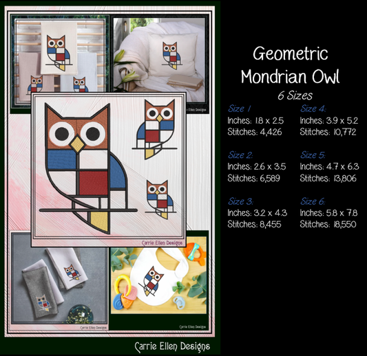Geometric Owl Machine Embroidery Design | Mondrian Inspired Bird Stitch File | Modern Art Embroidery, 6 Sizes, (4203)