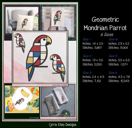 Geometric Parrot Machine Embroidery Design | Mondrian Inspired Bird Stitch File | Modern Line Art Embroidery, 6 Sizes, (4205)