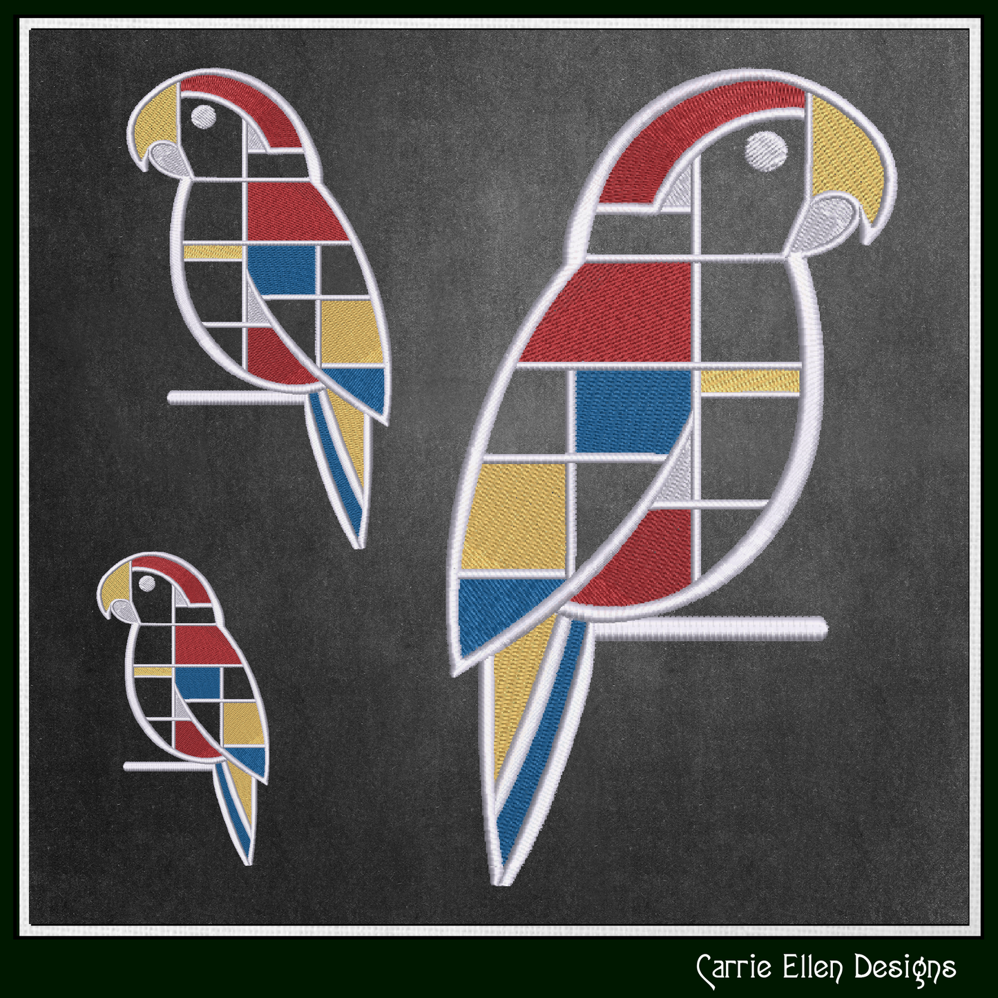 Geometric Parrot Machine Embroidery Design | Mondrian Inspired Bird Stitch File | Modern Line Art Embroidery, 6 Sizes, (4205)