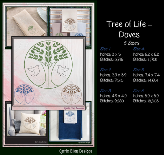 Tree of Life Doves Machine Embroidery Design | Floral Branch Bird Embroidery File | Nature Line Art Stitch Pattern, 6 Sizes (4209)