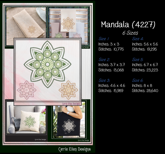 Floral Mandala Machine Embroidery Design File - Botanical Daisy Tile Motif Pattern, 6 Sizes (4227)