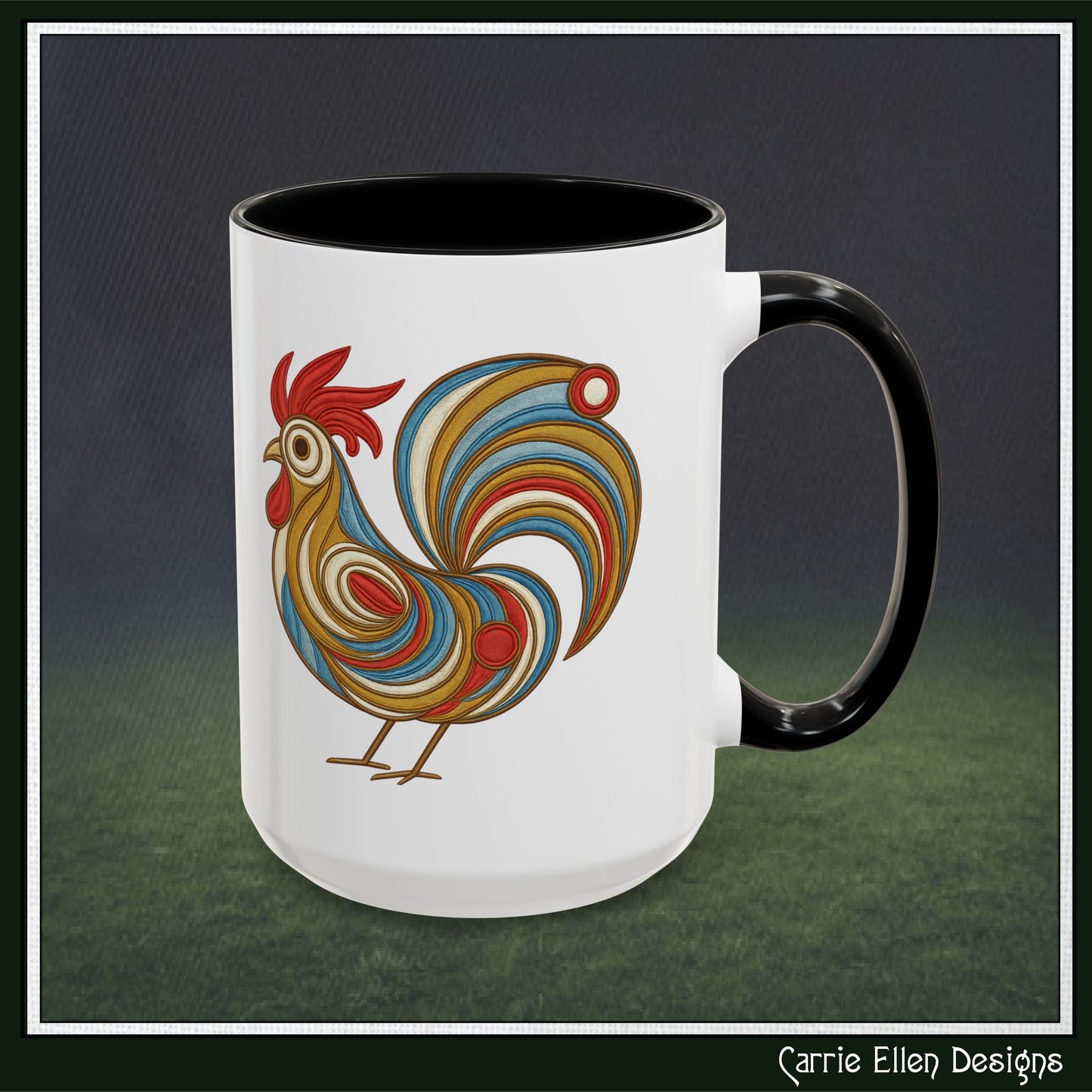Colorful Rooster Accent Coffee Mug – Abstract Farmhouse Animal Embroidery Styled Print | 11oz & 15oz Ceramic (P-6081)