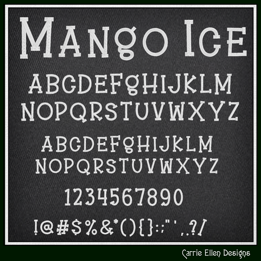 Mango Ice Kids Decorative BX embroidery font with uppercase, lowercase, numbers, punctuation, and native Embrilliance BX format. Perfect for children's embroidery and personalized gifts.
Blue Mango Ice Kids Decorative Block machine embroidery BX font featuring playful uppercase and lowercase letters for children's embroidery projects.