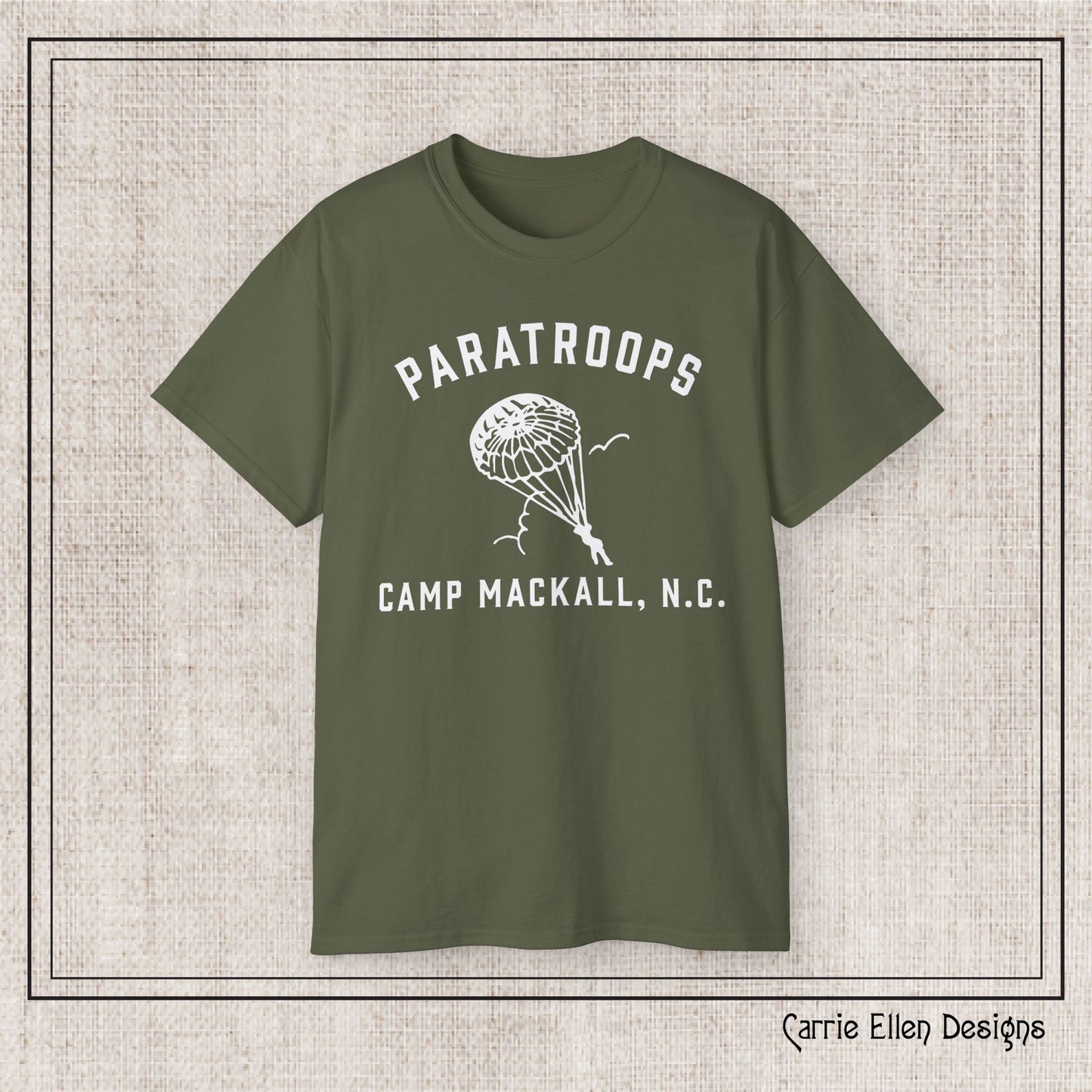 Camp Mackall Paratroops Short Sleeve T-Shirt – Vintage WWII Military Camp Design – Heavyweight 100% Cotton Tee (P-6032)