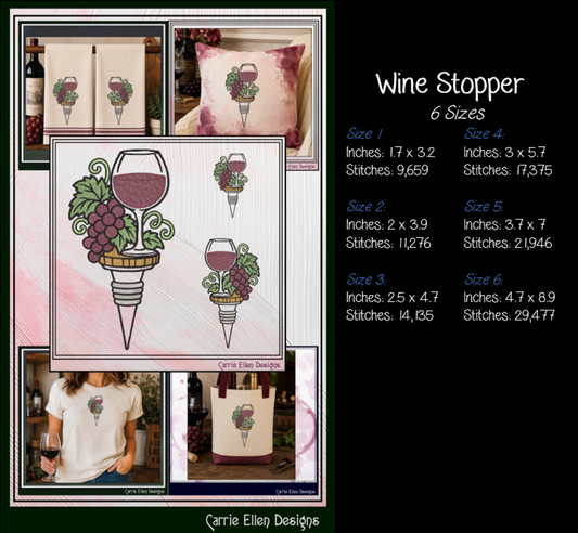 Wine Glass & Grapes Bottle Stopper Machine Embroidery Design File - Elegant Wine Theme Pattern, 6 Sizes (4306)