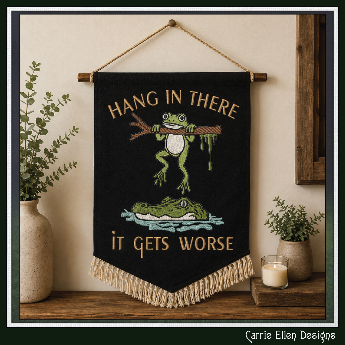 Funny Hang In There Frog and Alligator Machine Embroidery Design - Sarcastic Quote Pattern, 6 Sizes (4318)