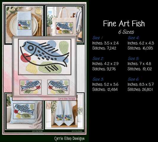 Fine Art Fish Machine Embroidery Design | Modern Abstract Fish Embroidery 6 Sizes (4344)