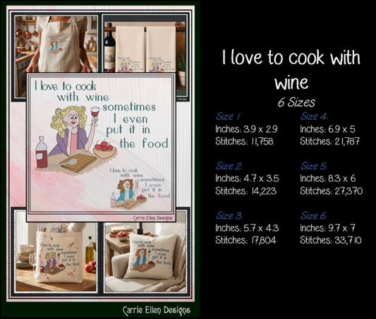 I Love To Cook With Wine Machine Embroidery Design, Funny Wine Quote, 6 Sizes (4356)