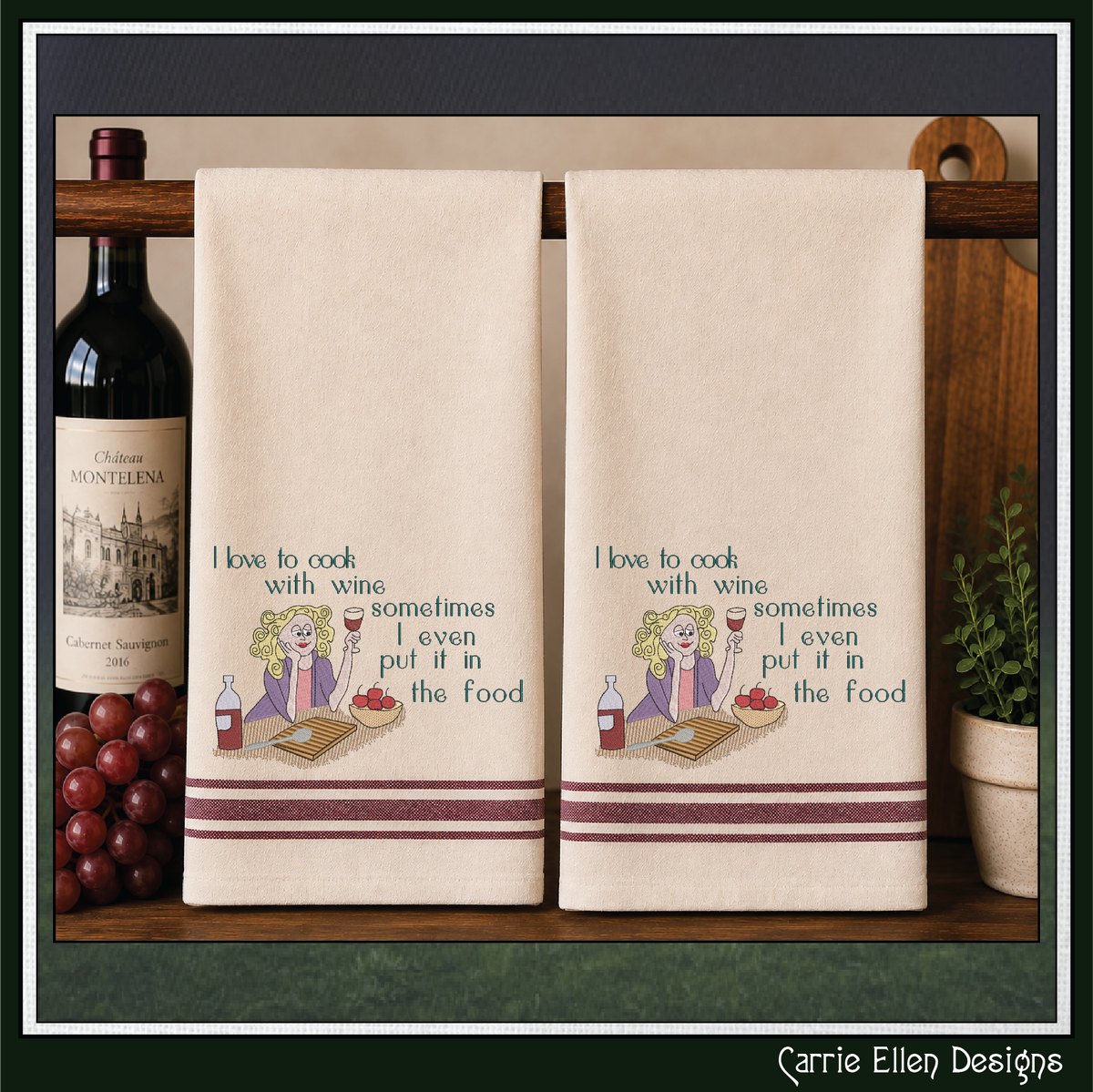 I Love To Cook With Wine Machine Embroidery Design, Funny Wine Quote, 6 Sizes (4356)