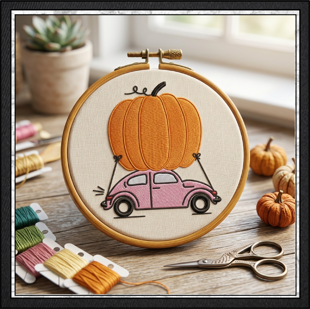 Vintage Bug Car with Giant Pumpkin Machine Embroidery Design, 6 Sizes (4371)