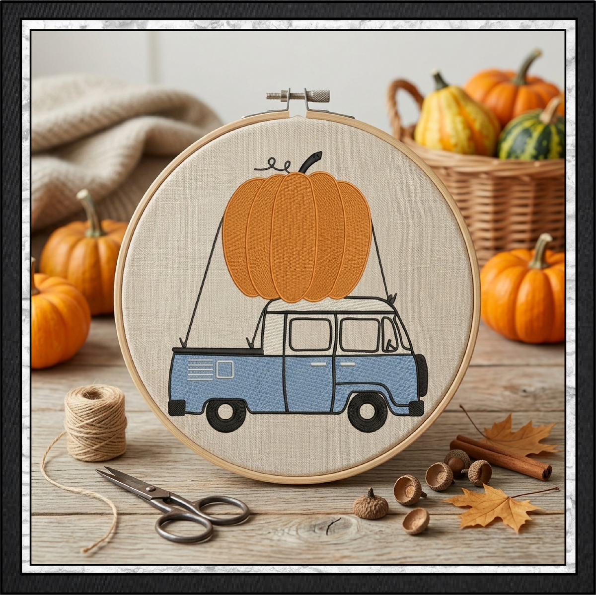 Vintage Blue Pickup Truck with Giant Pumpkin Machine Embroidery Design 6 Sizes (4372)