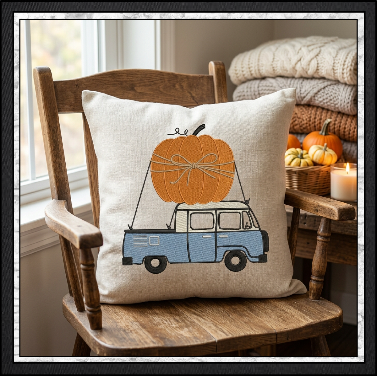 Vintage Fall Vehicles Pumpkin Machine Embroidery Design Set - Retro Beetle, Camper Van, & Pickup Truck Patterns, 3 Designs, 6 Sizes Each (4378)