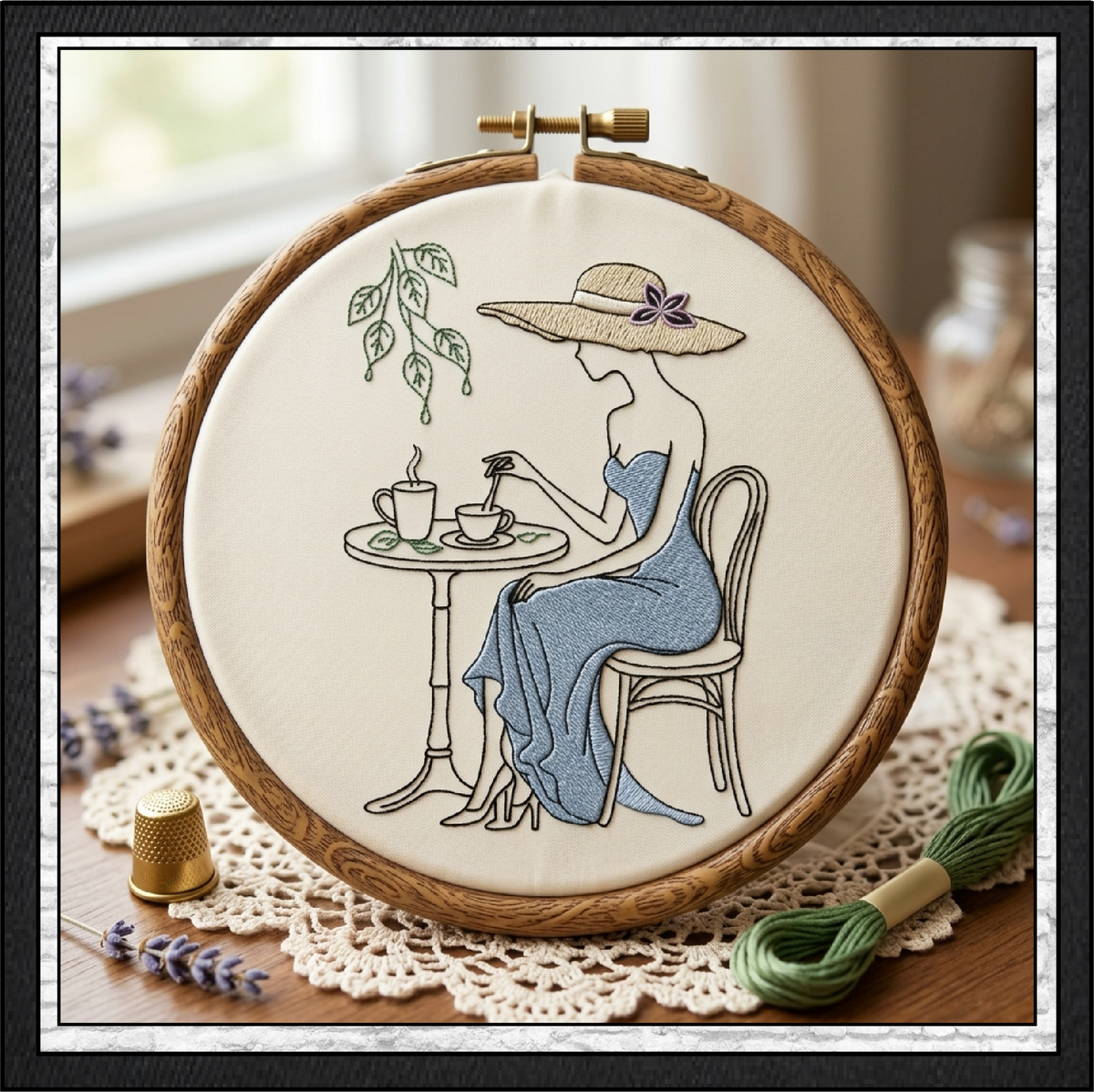 Tea Time Café Lady Machine Embroidery Design | French Bistro Woman Line Art, 6 Sizes (4381)
