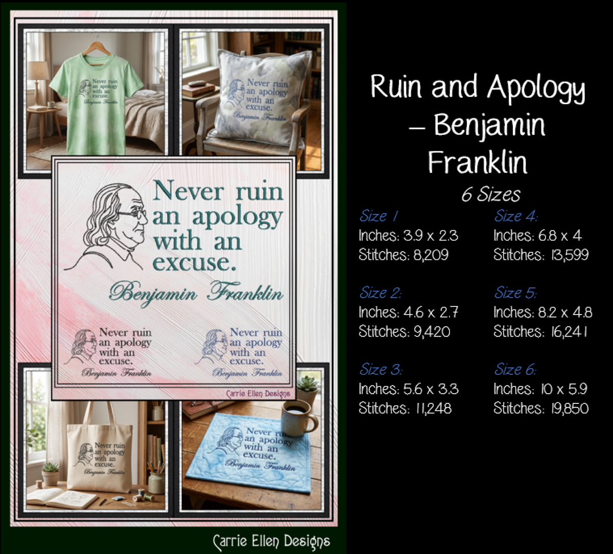 Benjamin Franklin Quote Machine Embroidery Design File - Never Ruin An Apology Historical Pattern, 6 Sizes (4394)