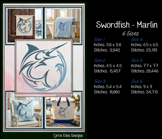 Pacific Blue Marlin Machine Embroidery Design, Ocean Sailfish Sport Fishing Pattern, 6 Sizes (4408)
