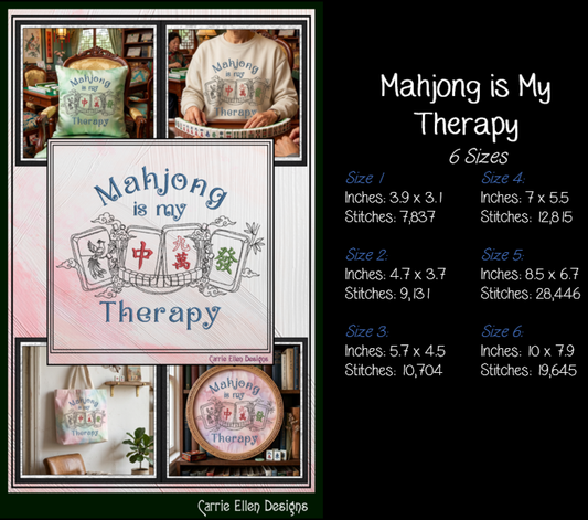 Mahjong Is My Therapy Machine Embroidery Design File - Oriental Cloud Dragon Tile Quote Pattern, 6 Sizes (4417)