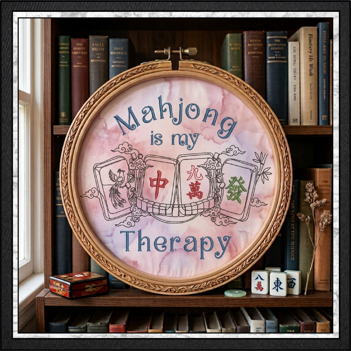 Mahjong Is My Therapy Machine Embroidery Design File - Oriental Cloud Dragon Tile Quote Pattern, 6 Sizes (4417)