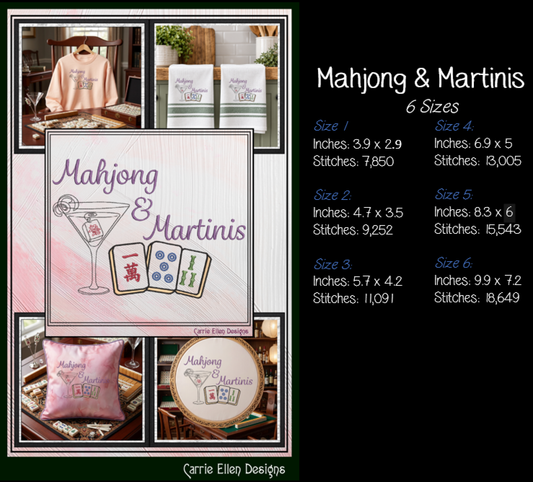 Mahjong and Martinis Machine Embroidery Design File - Game Night Cocktail Quote Pattern, 6 Sizes (4418)