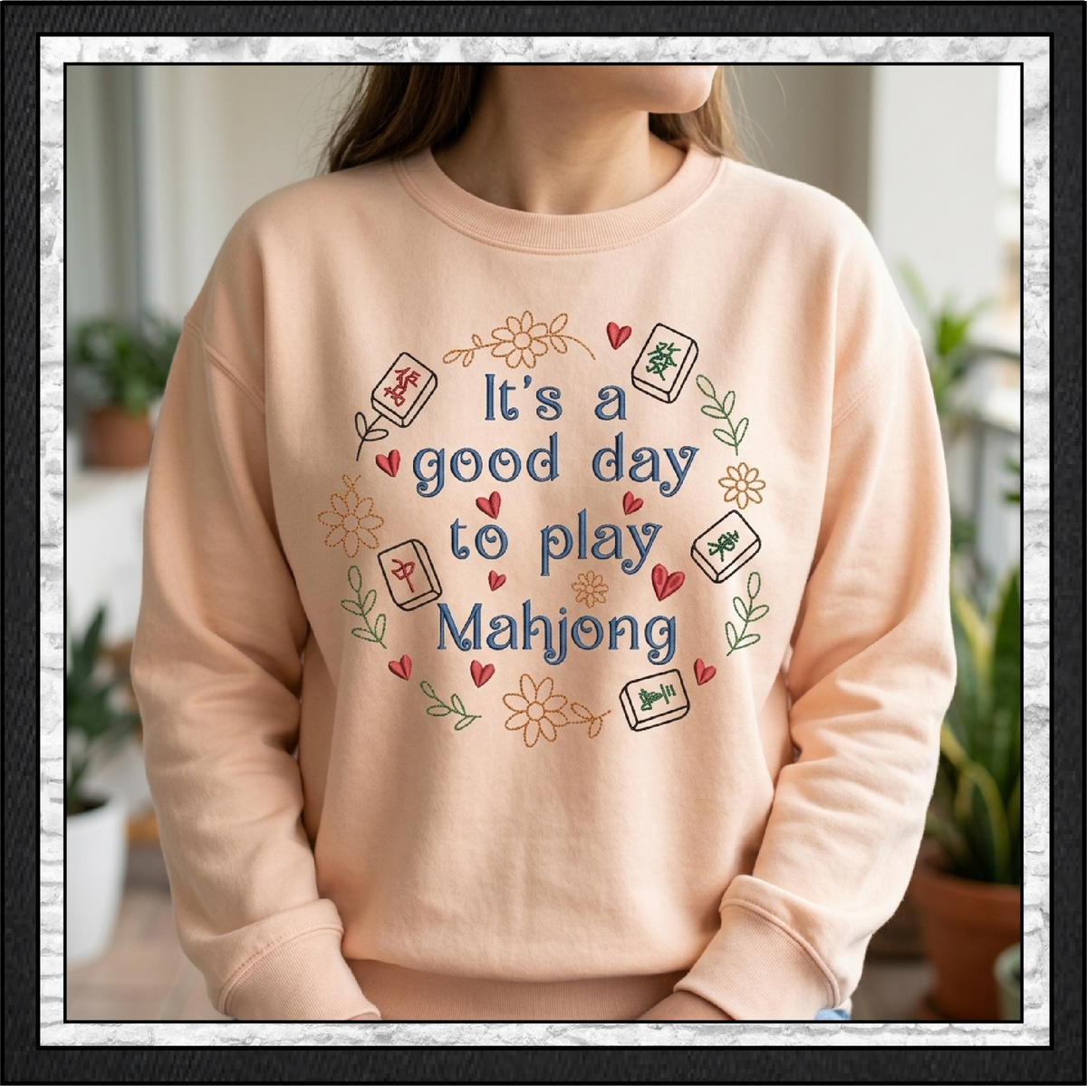 "It's a Good Day to Play Mahjong" Floral Wreath Machine Embroidery Design, 6 Sizes (4424)