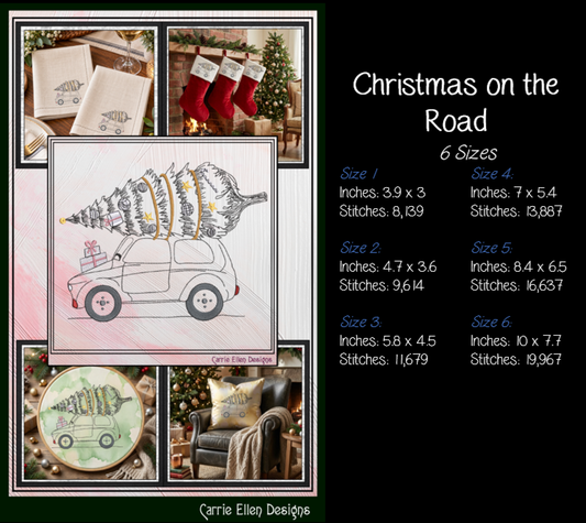 Christmas on the Road Machine Embroidery Design File - Vintage Car Christmas Tree Pattern, 6 Sizes (4429)