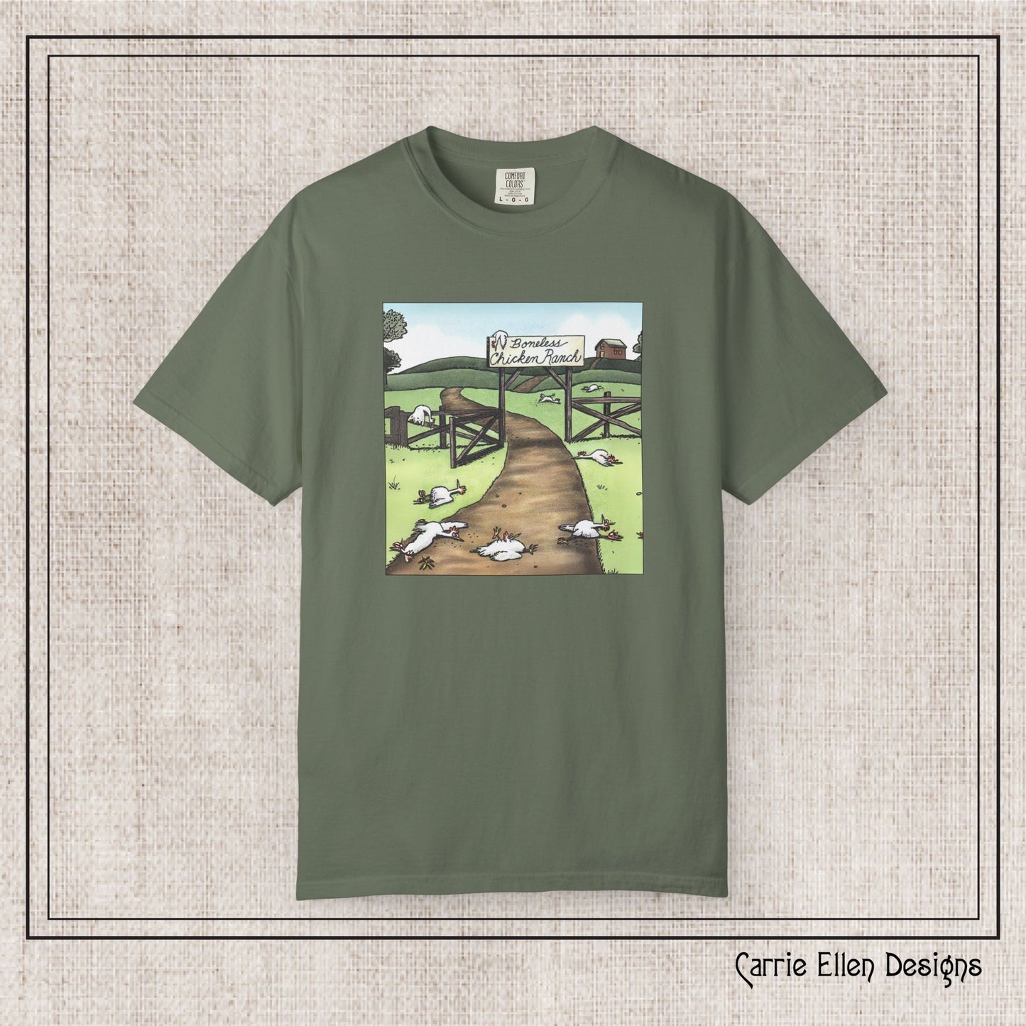 Boneless Chicken Ranch Comfort Colors T-Shirt | Farside Farm Chickens Printed Short Sleeve Tee | Multiple Color Options (P-6074)