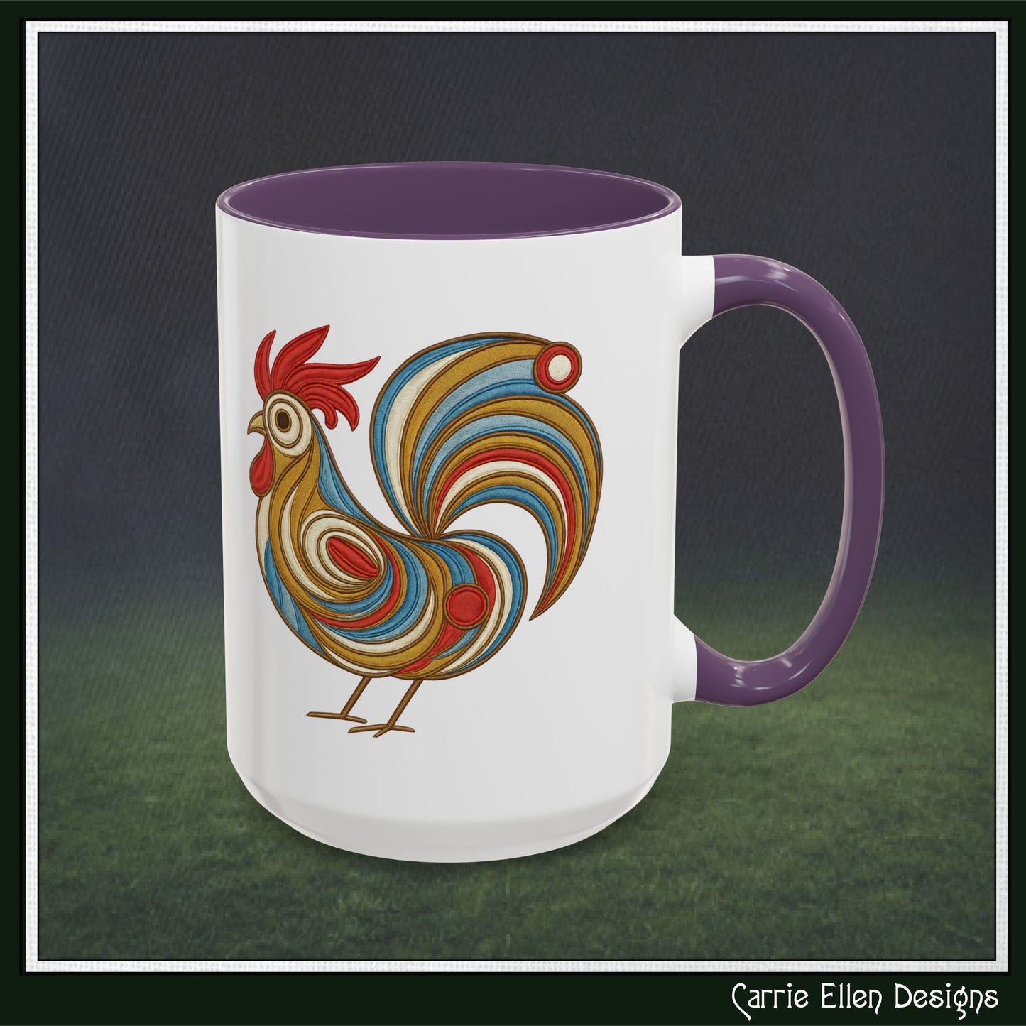 Colorful Rooster Accent Coffee Mug – Abstract Farmhouse Animal Embroidery Styled Print | 11oz & 15oz Ceramic (P-6081)