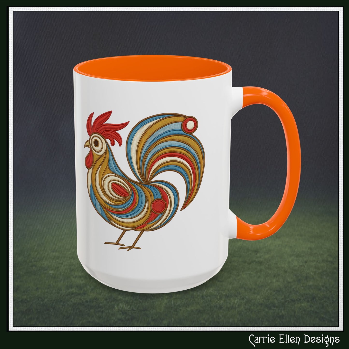 Colorful Rooster Accent Coffee Mug – Abstract Farmhouse Animal Embroidery Styled Print | 11oz & 15oz Ceramic (P-6081)
