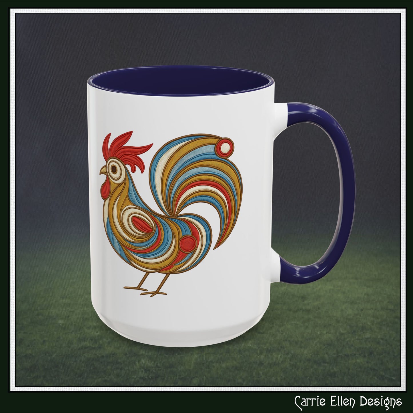Colorful Rooster Accent Coffee Mug – Abstract Farmhouse Animal Embroidery Styled Print | 11oz & 15oz Ceramic (P-6081)