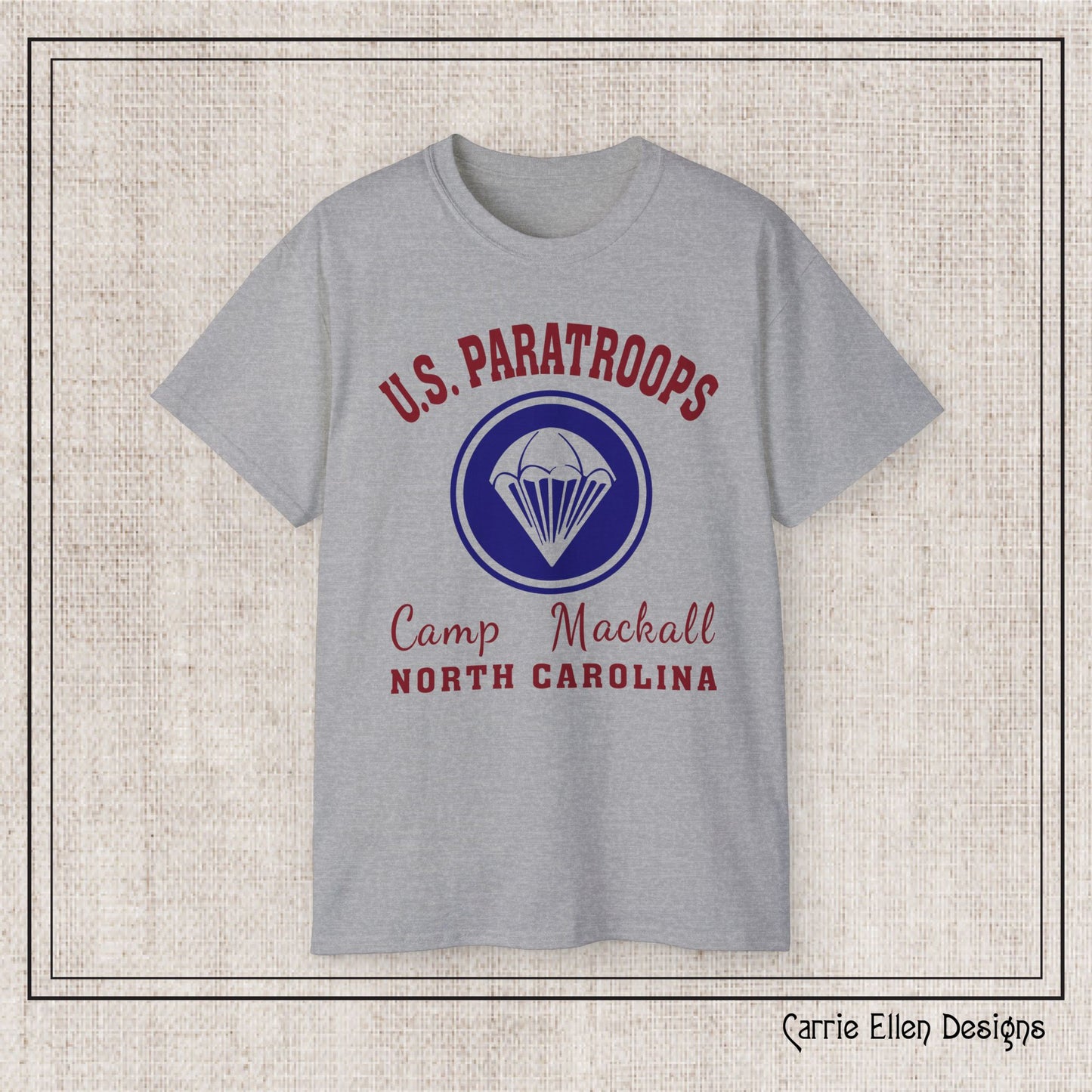 US Paratroops Camp Mackall North Carolina Short Sleeve Tee – Vintage WWII U.S. Army Reproduction T-Shirt, Military Pride Tee, Veteran Gift (P-6055)