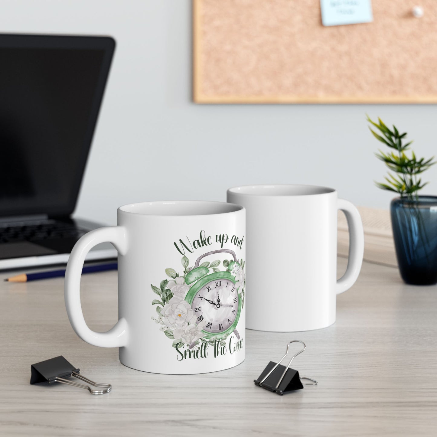 Wake Up and Smell The Coffee Floral Inspiration Ceramic Coffee Mug – 11oz & 15oz – Perfect Gift for Coffee Lovers (P-6003)