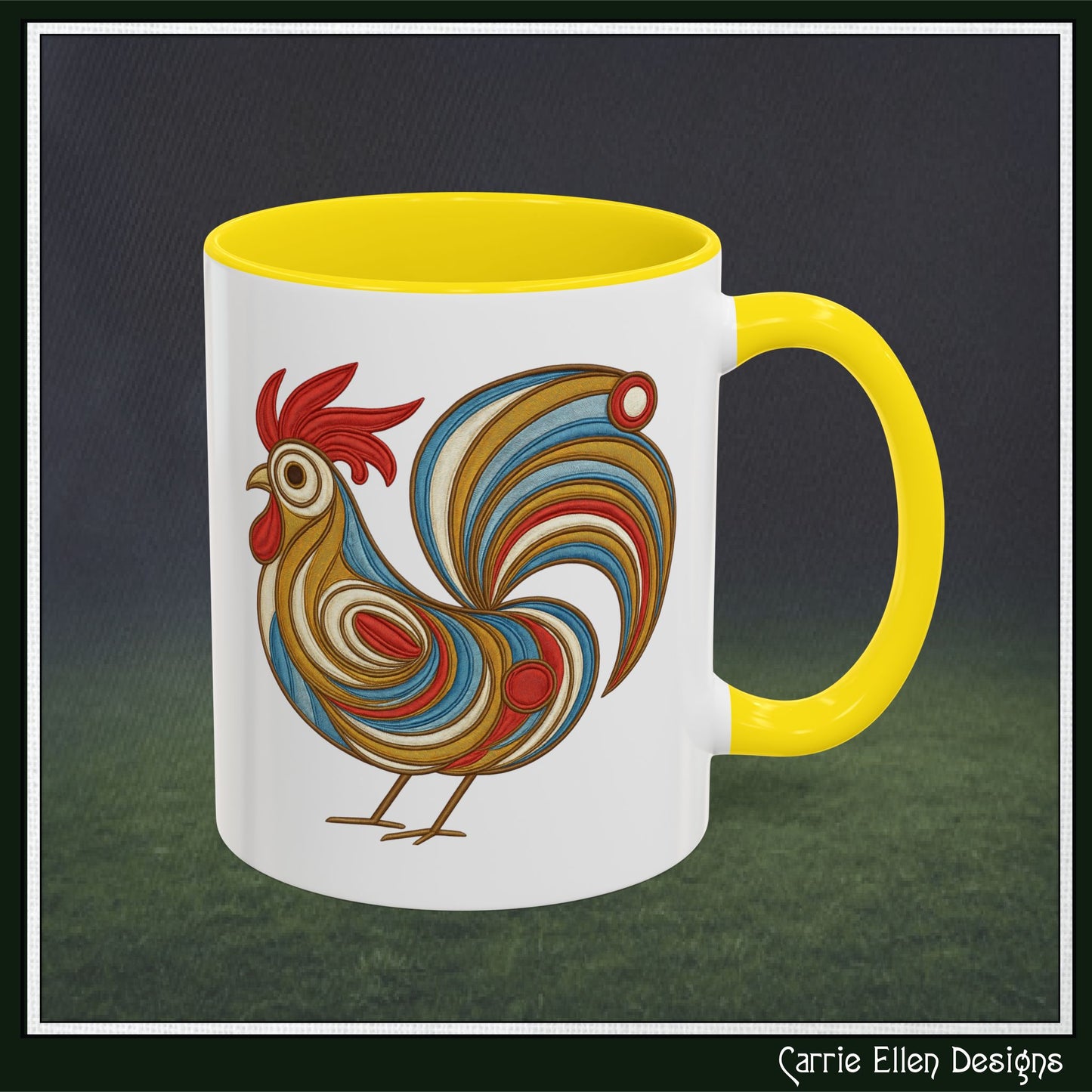 Colorful Rooster Accent Coffee Mug – Abstract Farmhouse Animal Embroidery Styled Print | 11oz & 15oz Ceramic (P-6081)