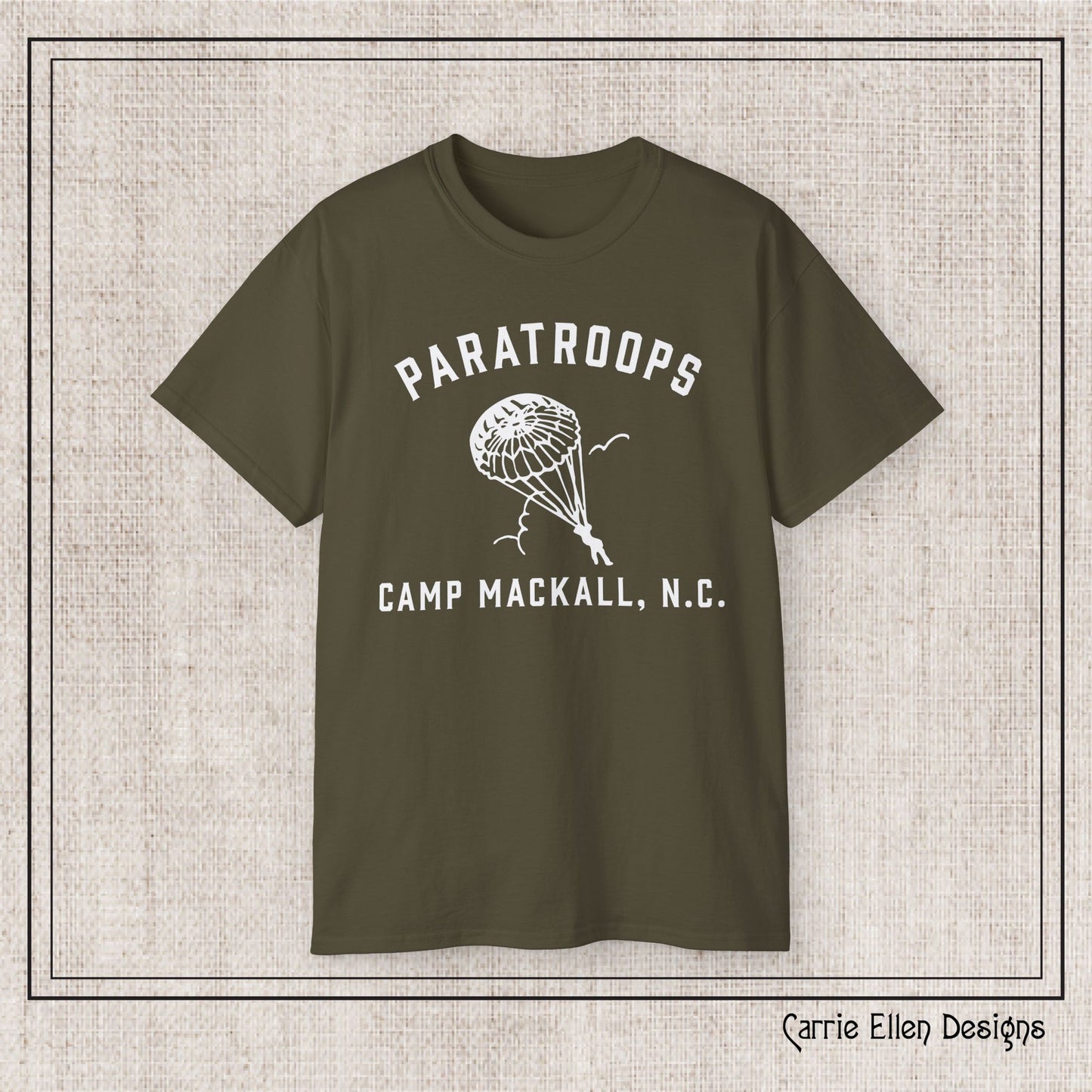 Camp Mackall Paratroops Short Sleeve T-Shirt – Vintage WWII Military Camp Design – Heavyweight 100% Cotton Tee (P-6032)