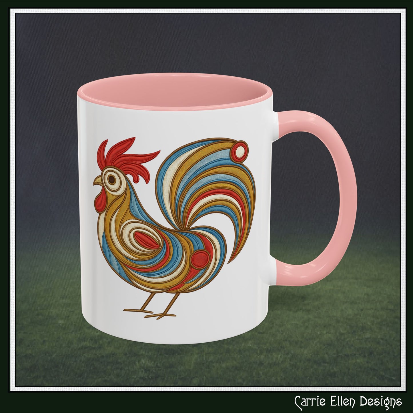 Colorful Rooster Accent Coffee Mug – Abstract Farmhouse Animal Embroidery Styled Print | 11oz & 15oz Ceramic (P-6081)