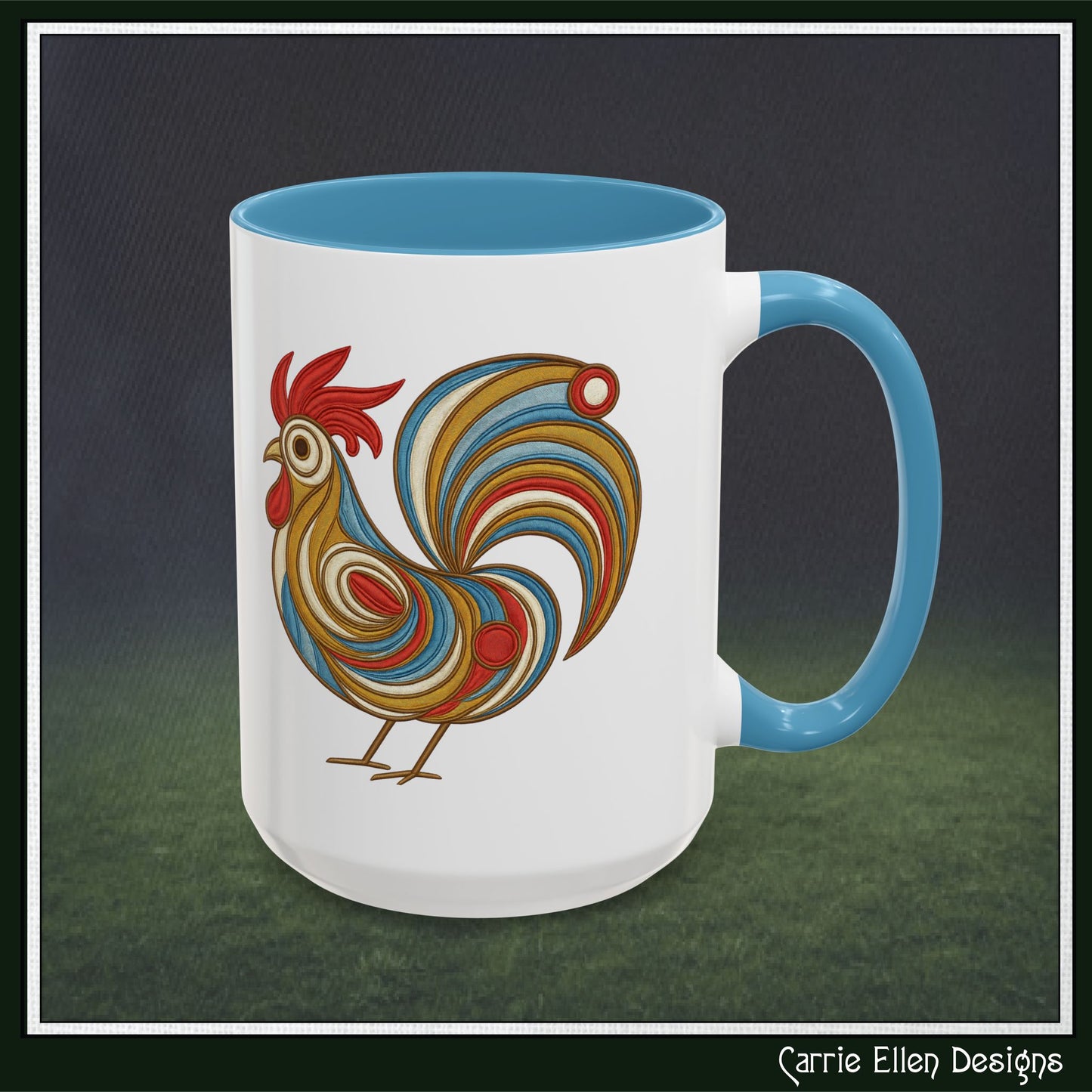 Colorful Rooster Accent Coffee Mug – Abstract Farmhouse Animal Embroidery Styled Print | 11oz & 15oz Ceramic (P-6081)