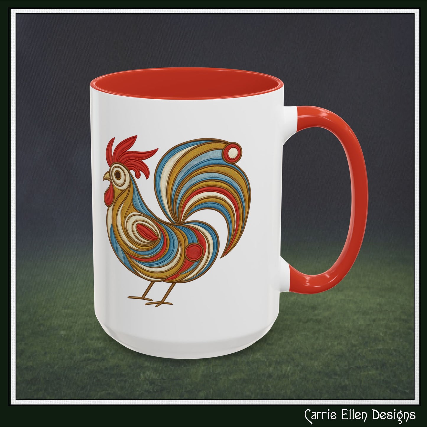 Colorful Rooster Accent Coffee Mug – Abstract Farmhouse Animal Embroidery Styled Print | 11oz & 15oz Ceramic (P-6081)