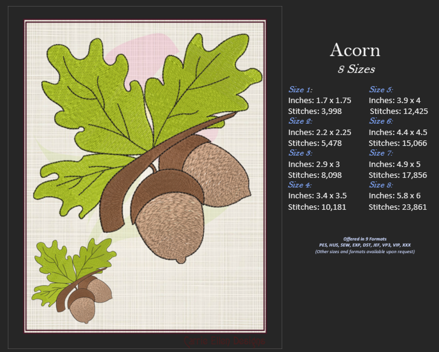 Acorn Machine Embroidery Design Bundle | Acorn and Oak Leaf Nature Designs | 5 Autumn Forest Patterns | 8 Sizes Each (0833)