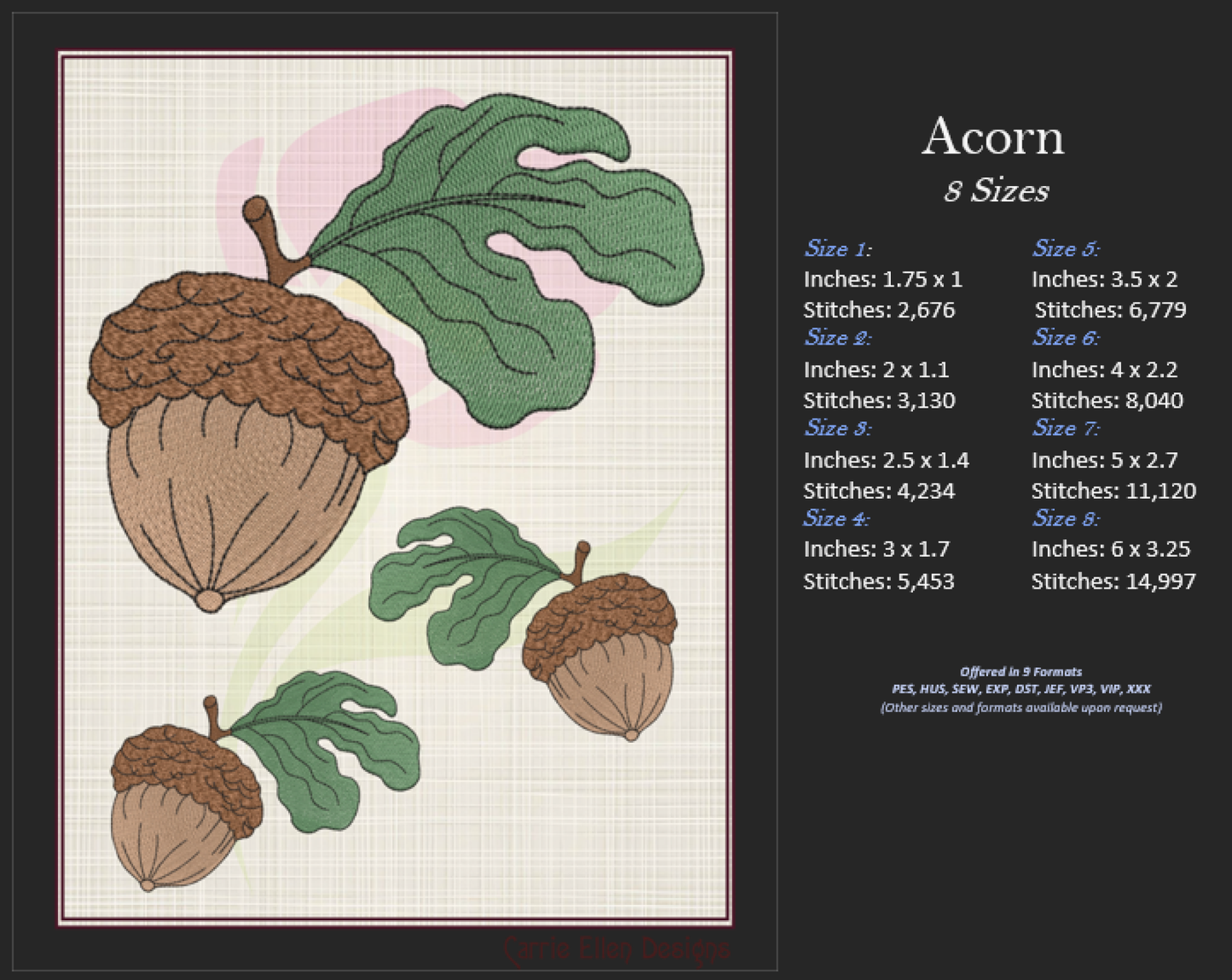 Acorn Machine Embroidery Design Bundle | Acorn and Oak Leaf Nature Designs | 5 Autumn Forest Patterns | 8 Sizes Each (0833)
