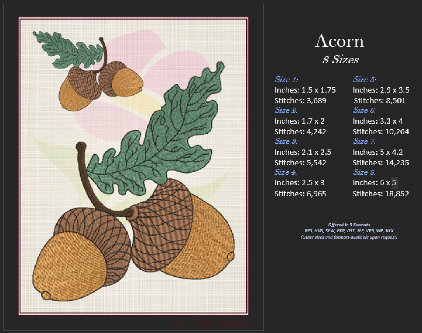 Acorn Machine Embroidery Design Bundle | Acorn and Oak Leaf Nature Designs | 5 Autumn Forest Patterns | 8 Sizes Each (0833)