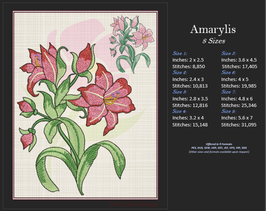 Amaryllis Flower Machine Embroidery Design – Floral Garden, Colorful Bloom, 8 Sizes (0315)