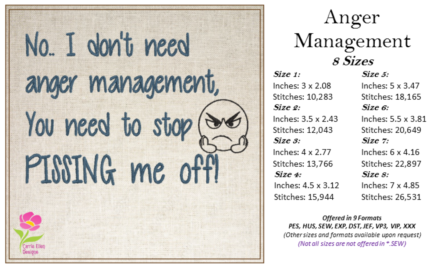 I Don’t Need Anger Management Embroidery Design | Funny Quote Embroidery Pattern | Humorous Saying Design | 8 Sizes (0657)