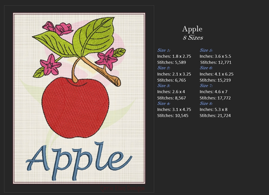 Apple Machine Embroidery Design | Summer Fruit Design | Artistic Fruit and Vegetables Embroidery | 8 Sizes (0938)