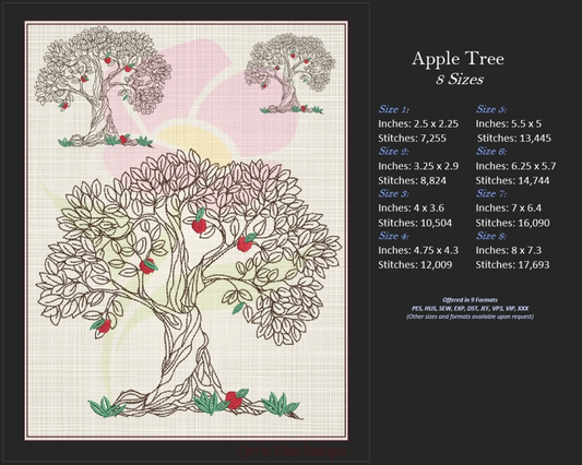 Apple Tree Machine Embroidery Design | Fruit Tree Embroidery Sketch | Home & Garden Leaves Outline | 8 Sizes (0852)
