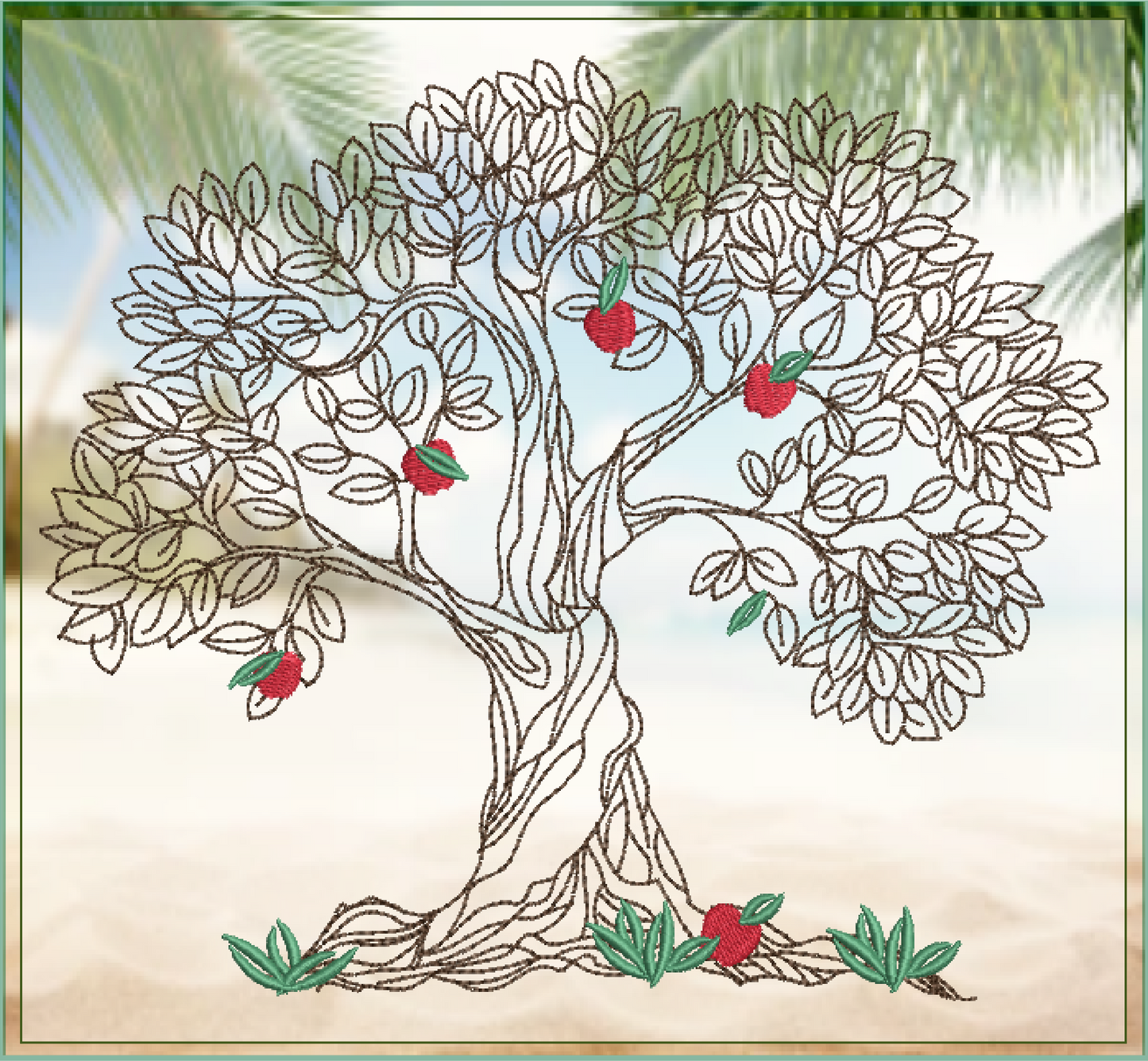 Apple Tree Machine Embroidery Design | Fruit Tree Embroidery Sketch | Home & Garden Leaves Outline | 8 Sizes (0852)