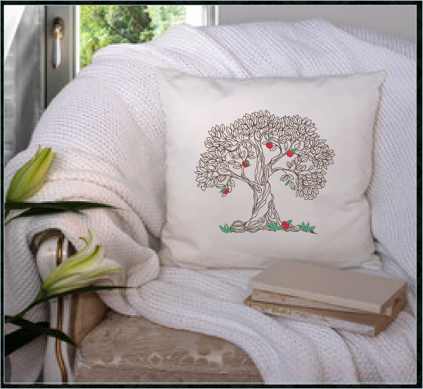 Apple Tree Machine Embroidery Design | Fruit Tree Embroidery Sketch | Home & Garden Leaves Outline | 8 Sizes (0852)