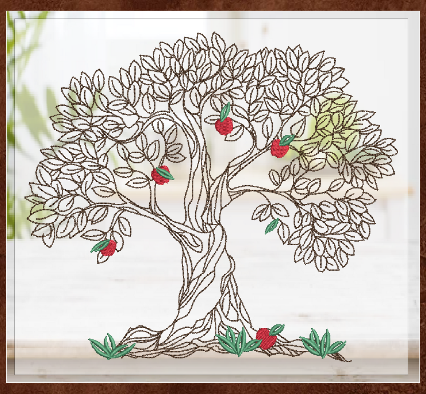 Apple Tree Machine Embroidery Design | Fruit Tree Embroidery Sketch | Home & Garden Leaves Outline | 8 Sizes (0852)