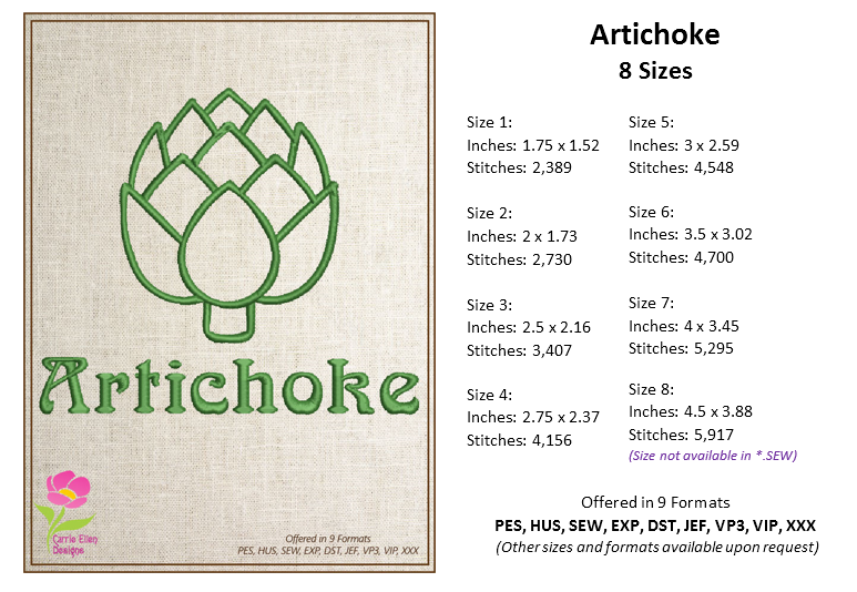 Artichoke Machine Embroidery Design Bundle – Fruit and Vegetable Embroidery, 5 Unique Designs in 8 Sizes Each (0450)