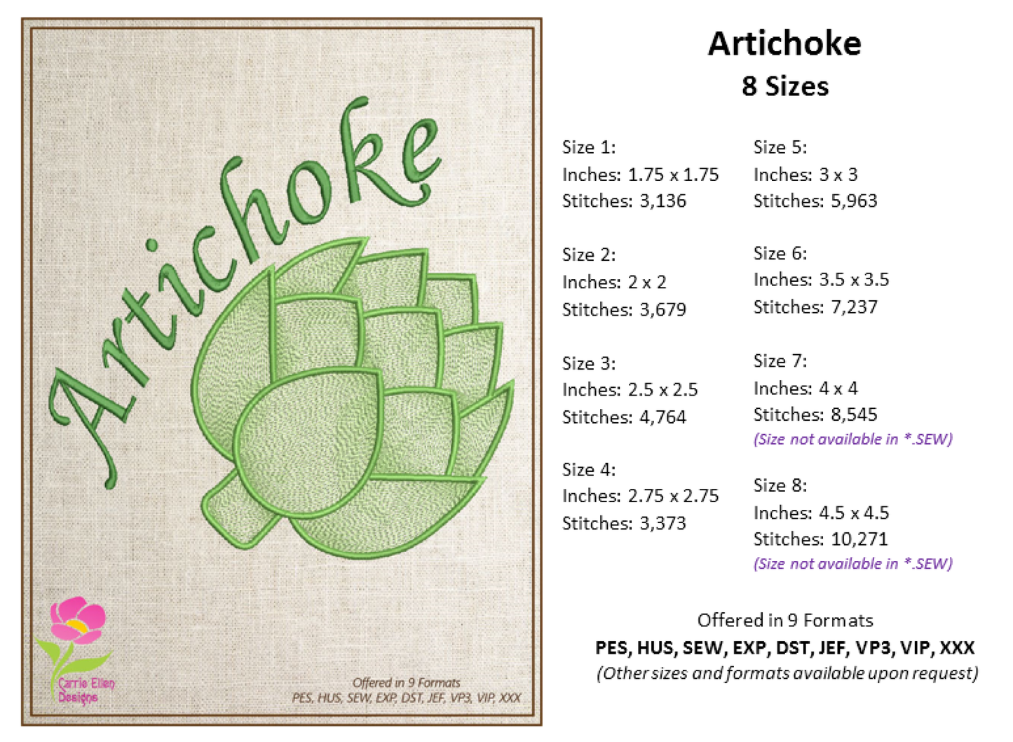 Artichoke Machine Embroidery Design Bundle – Fruit and Vegetable Embroidery, 5 Unique Designs in 8 Sizes Each (0450)